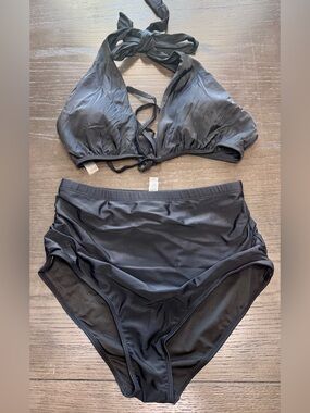 NWT ZMART Black Halter High Waist Ruched Bikini Set M